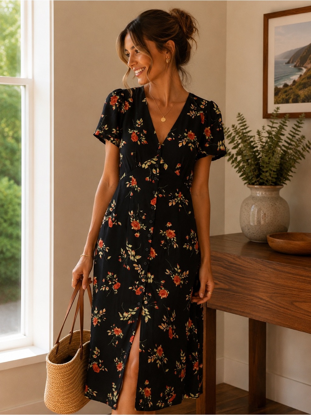 RIHOAS Black Maxi Dress with Red Floral Print